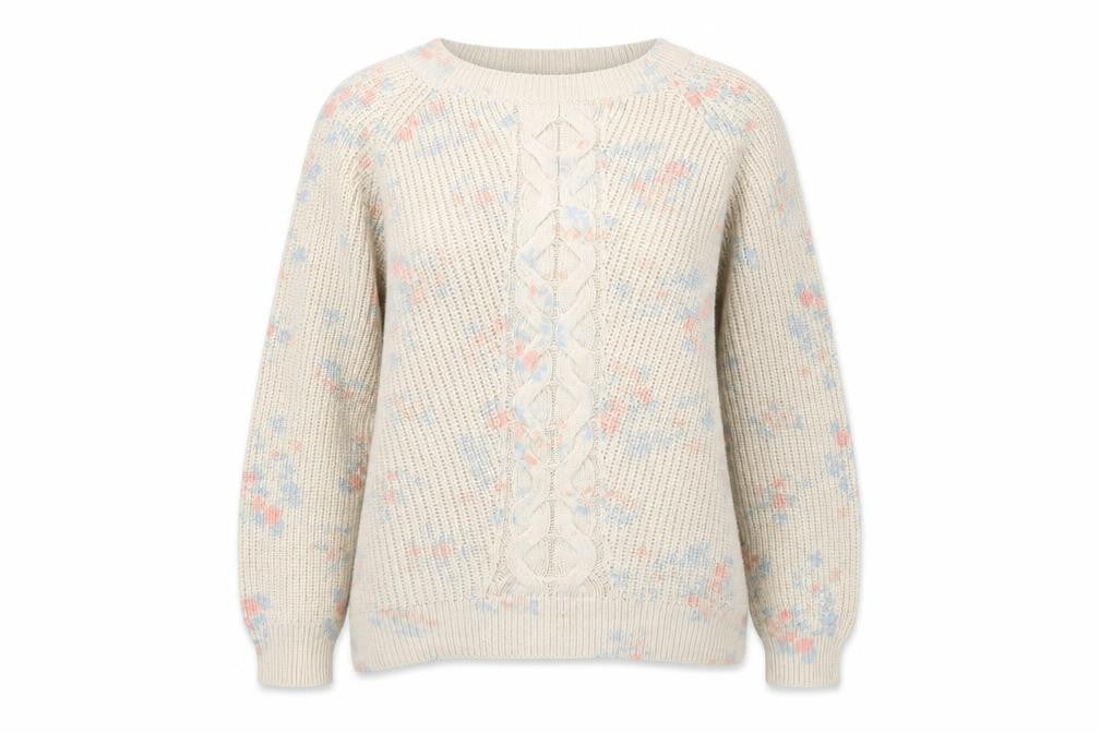 Front view of Monsoon women’s ivory round neck floral acrylic jumper, size L
