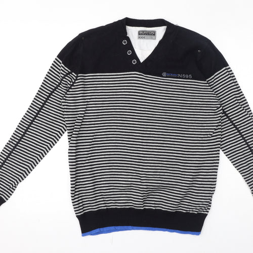 Burton Mens Black V-Neck Striped Cotton Pullover Jumper Size M Long Sleeve