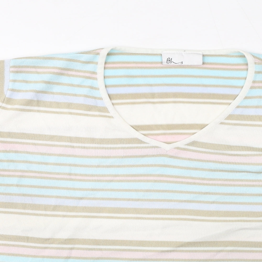 BHS Womens Blue Striped Acrylic Basic T-Shirt Size 20 V-Neck - Multicolour