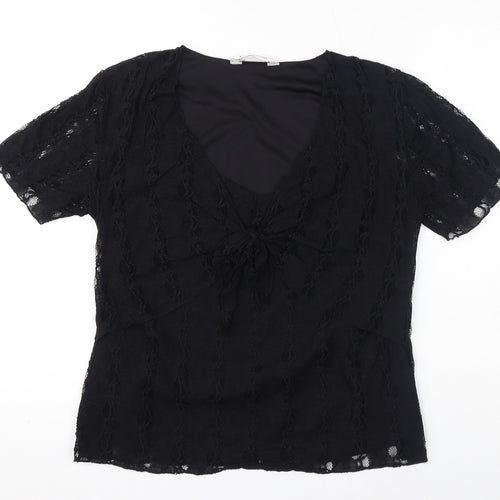 Bonmarché Womens Black Nylon Wrap T-Shirt Size M V-Neck - Lace
