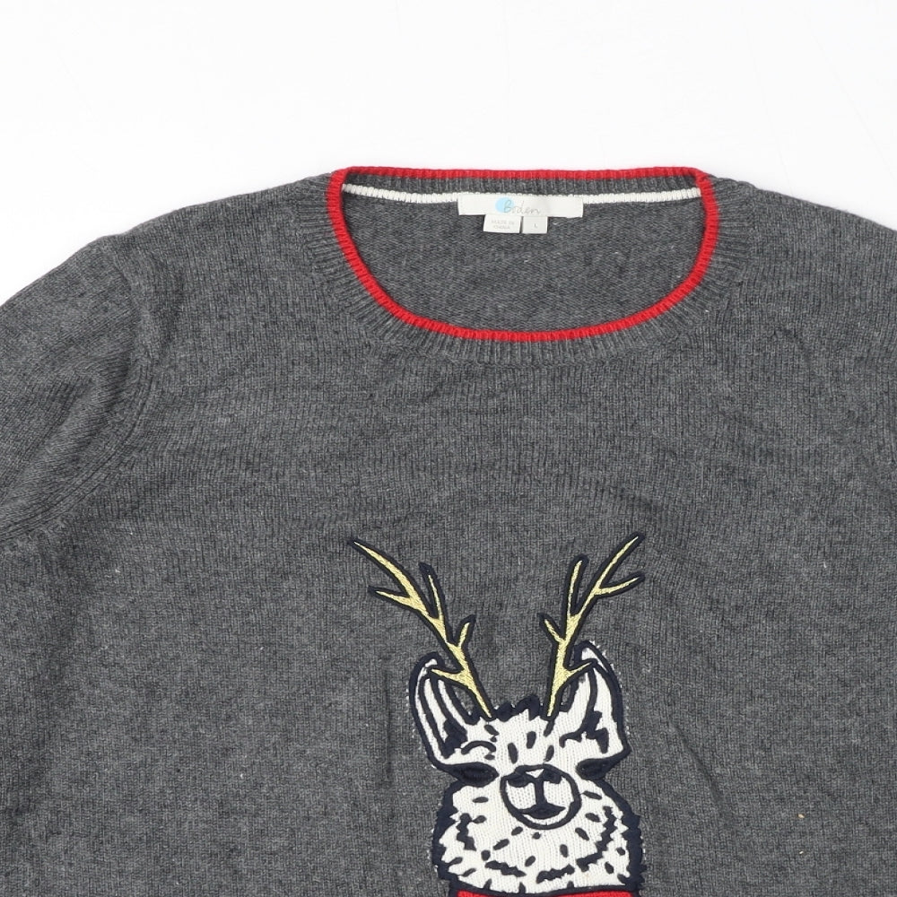 Boden Mens Grey Round Neck Viscose Pullover Jumper Size L Long Sleeve - Reindeer Christmas