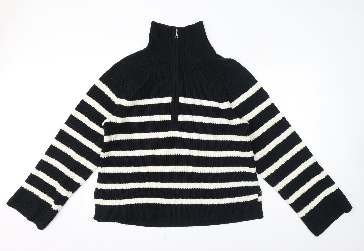 H&M Womens Black Mock Neck Striped Cotton Pullover Jumper Size M - Quarter-Zip