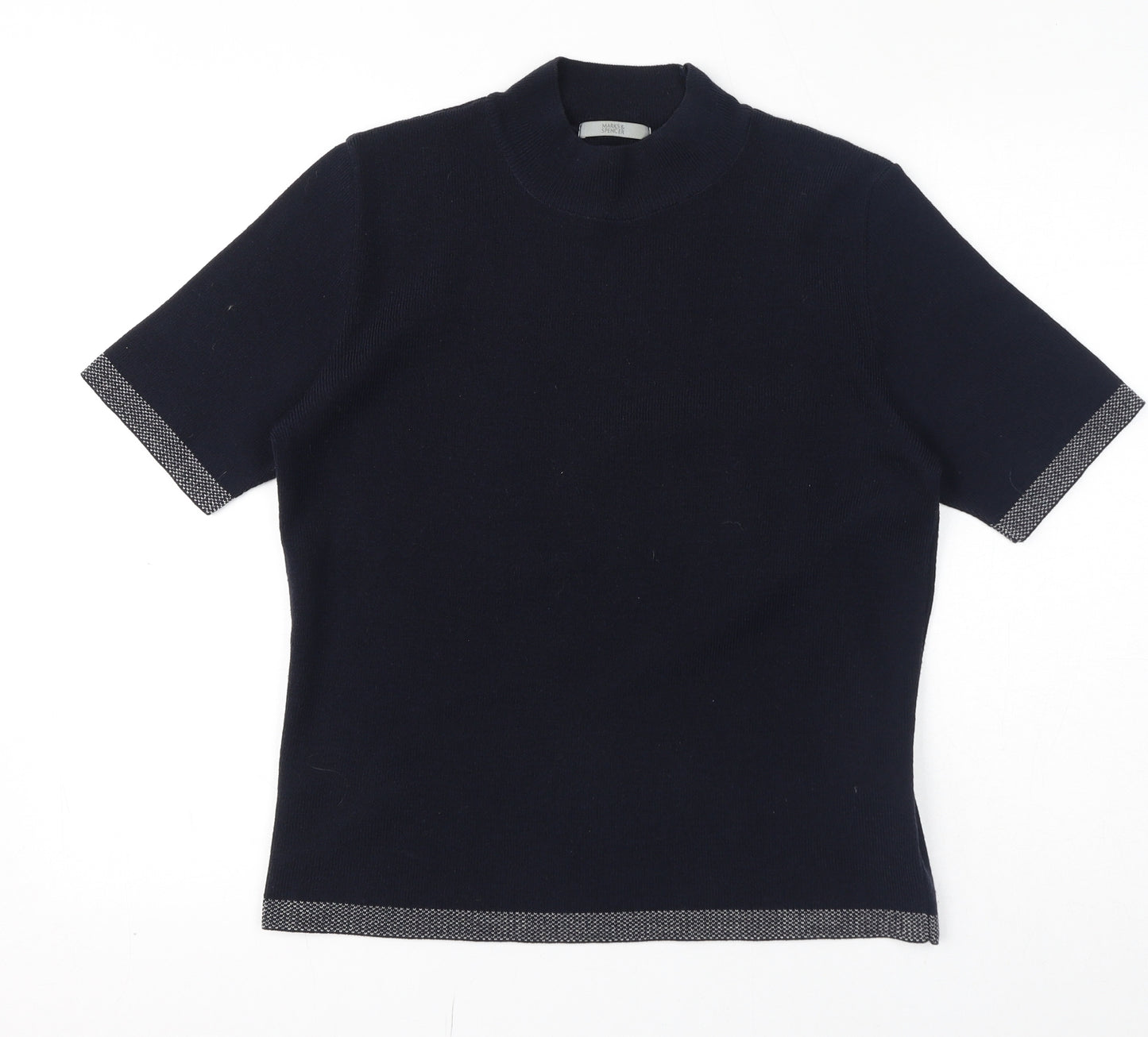 Marks and Spencer Womens Blue Acrylic Jersey T-Shirt Size 14 Mock Neck