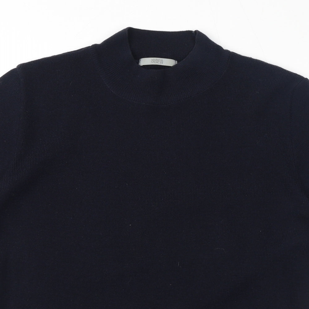 Marks and Spencer Womens Blue Acrylic Jersey T-Shirt Size 14 Mock Neck