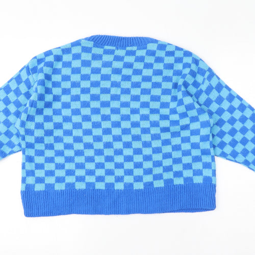 PRETTYLITTLETHING Womens Blue Crew Neck Check Acrylic Pullover Jumper Size 6 - Cropped