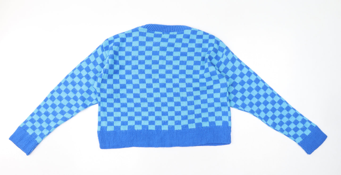 PRETTYLITTLETHING Womens Blue Crew Neck Check Acrylic Pullover Jumper Size 6 - Cropped