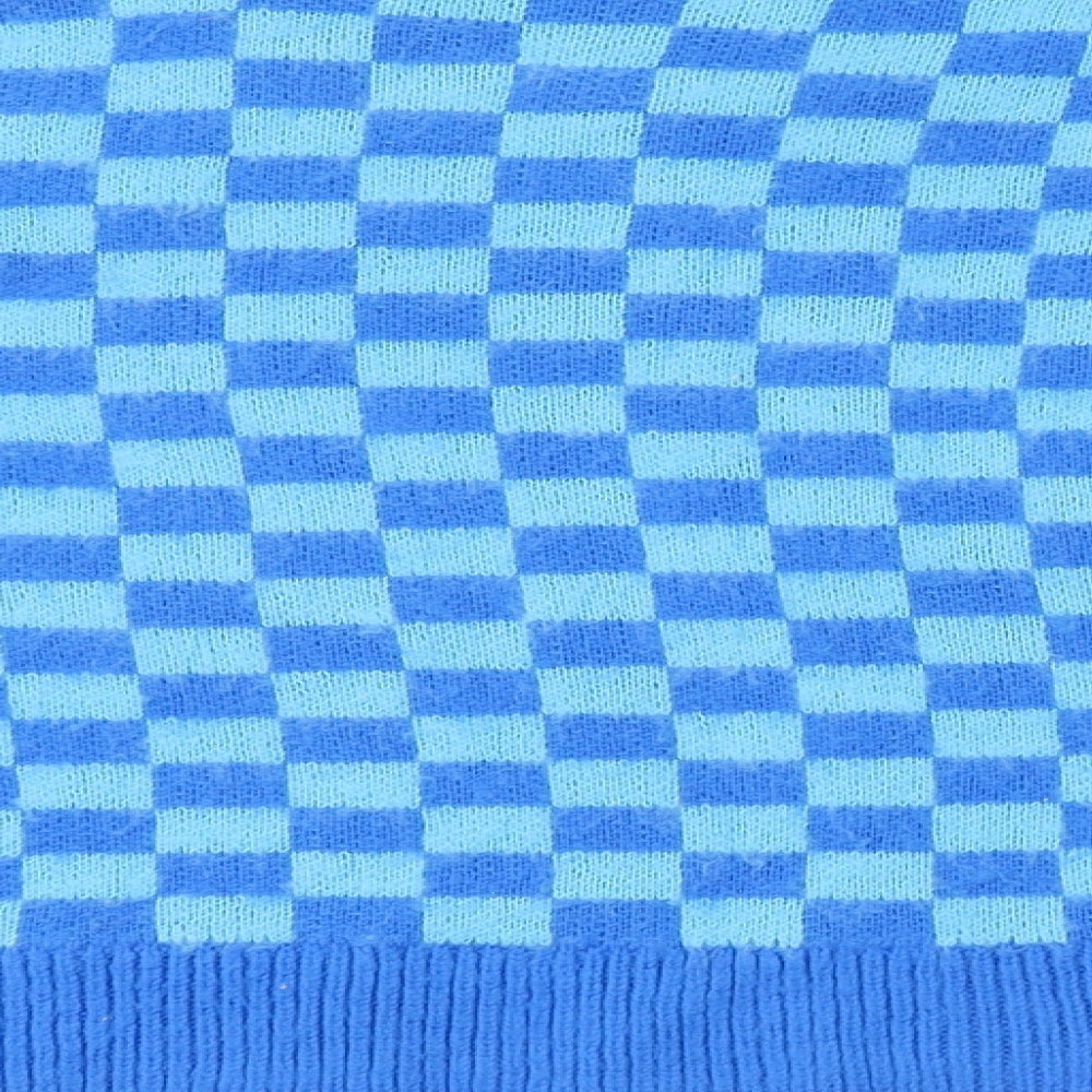 PRETTYLITTLETHING Womens Blue Crew Neck Check Acrylic Pullover Jumper Size 6 - Cropped