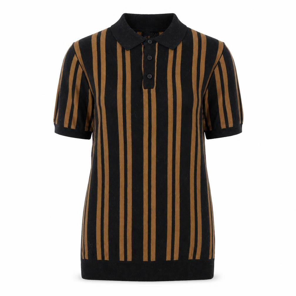 Front view of River Island women’s black striped viscose jersey t-shirt, size S, collared