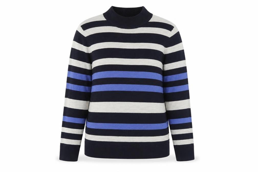 Front view of Classics women’s blue striped acrylic pullover sweatshirt, size UK 12, pullover