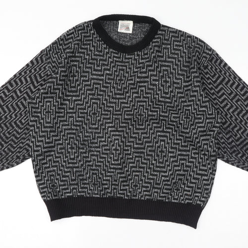 Barlow Fashion Womens Black Crew Neck Geometric Acrylic Pullover Jumper Size L