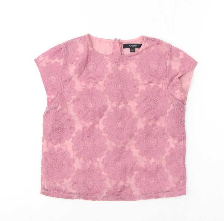Autograph Girls Pink Floral Polyester Basic T-Shirt Size 6-7 Years Round Neck Zip