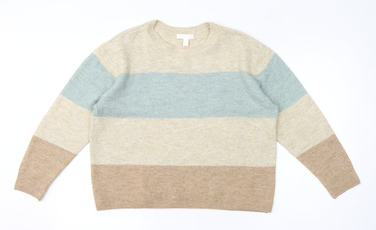 H&M Womens Beige Round Neck Striped Acrylic Pullover Jumper Size S