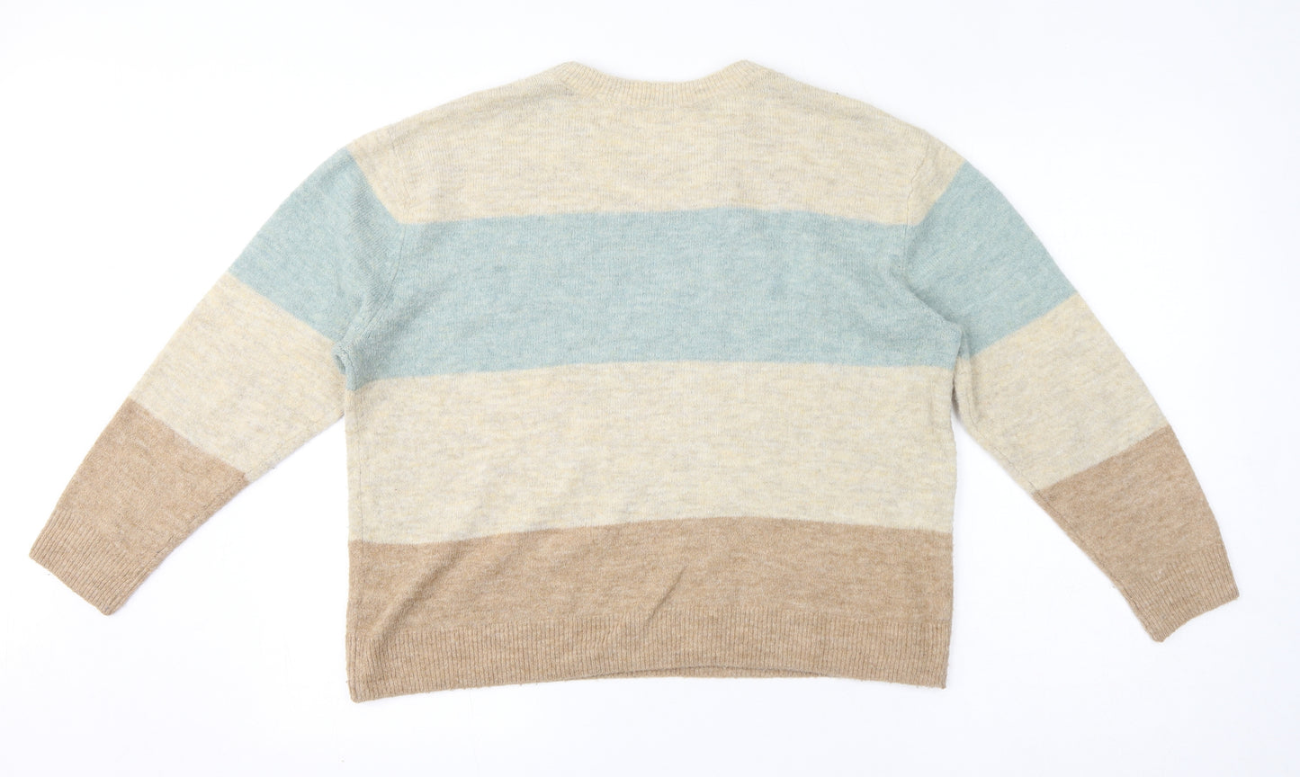 H&M Womens Beige Round Neck Striped Acrylic Pullover Jumper Size S