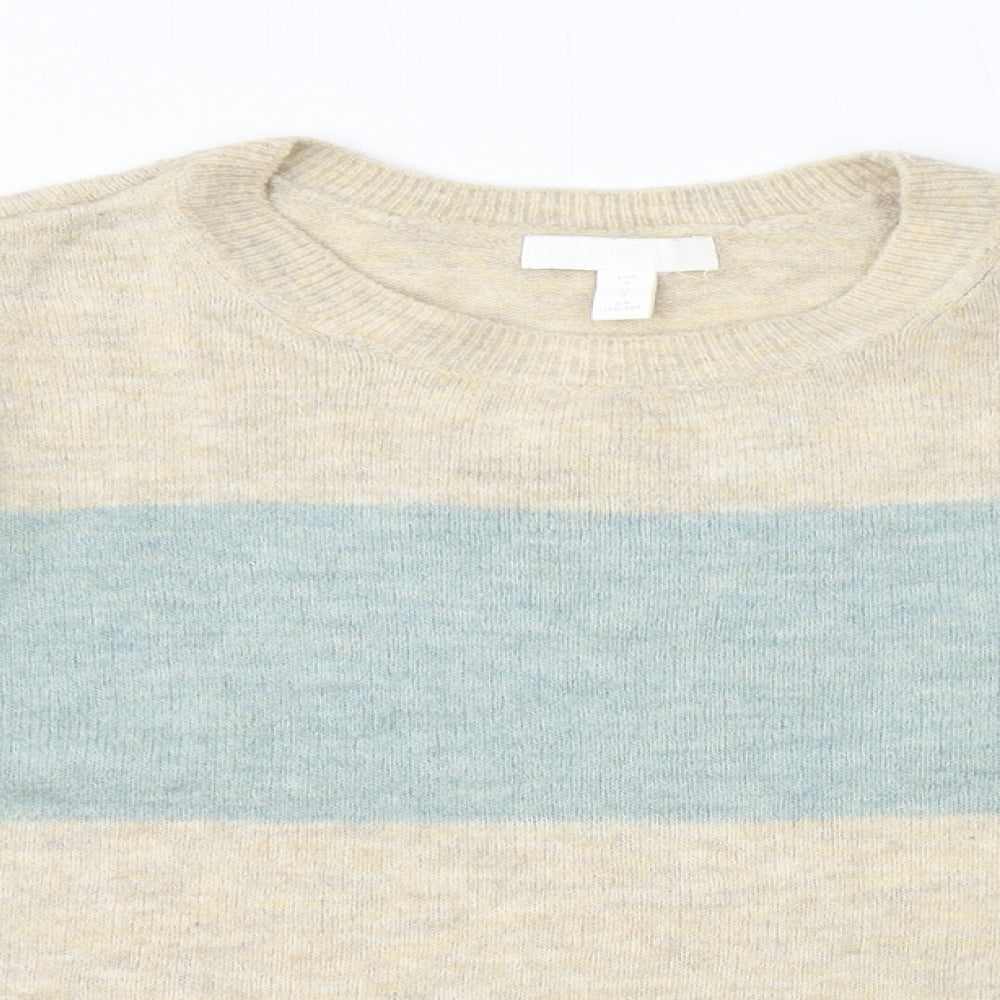 H&M Womens Beige Round Neck Striped Acrylic Pullover Jumper Size S