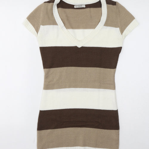 Terranova Womens Brown Striped Acrylic Bodycon Size S V-Neck Pullover