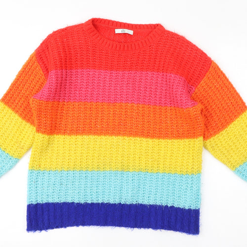 Marks and Spencer Girls Multicoloured Crew Neck Striped Acrylic Pullover Jumper Size 12-13 Years Pullover - Rainbow