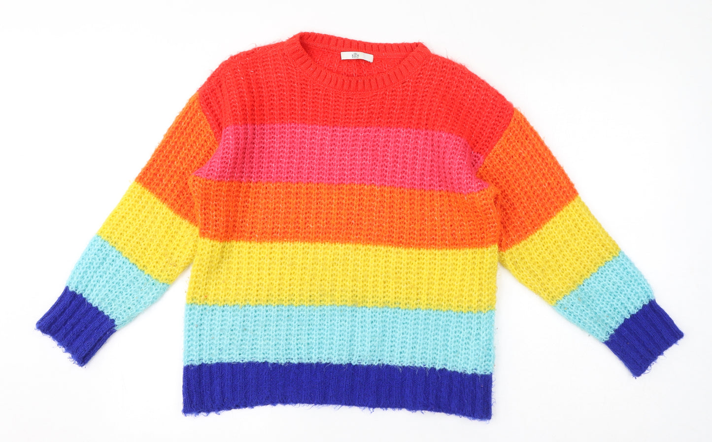 Marks and Spencer Girls Multicoloured Crew Neck Striped Acrylic Pullover Jumper Size 12-13 Years Pullover - Rainbow