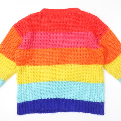 Marks and Spencer Girls Multicoloured Crew Neck Striped Acrylic Pullover Jumper Size 12-13 Years Pullover - Rainbow