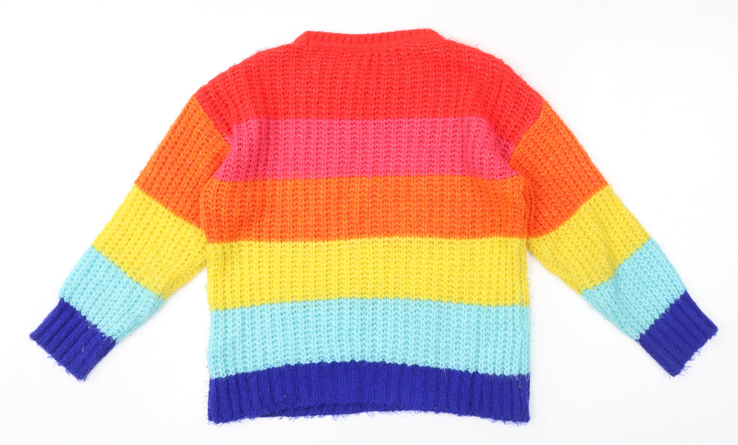 Marks and Spencer Girls Multicoloured Crew Neck Striped Acrylic Pullover Jumper Size 12-13 Years Pullover - Rainbow