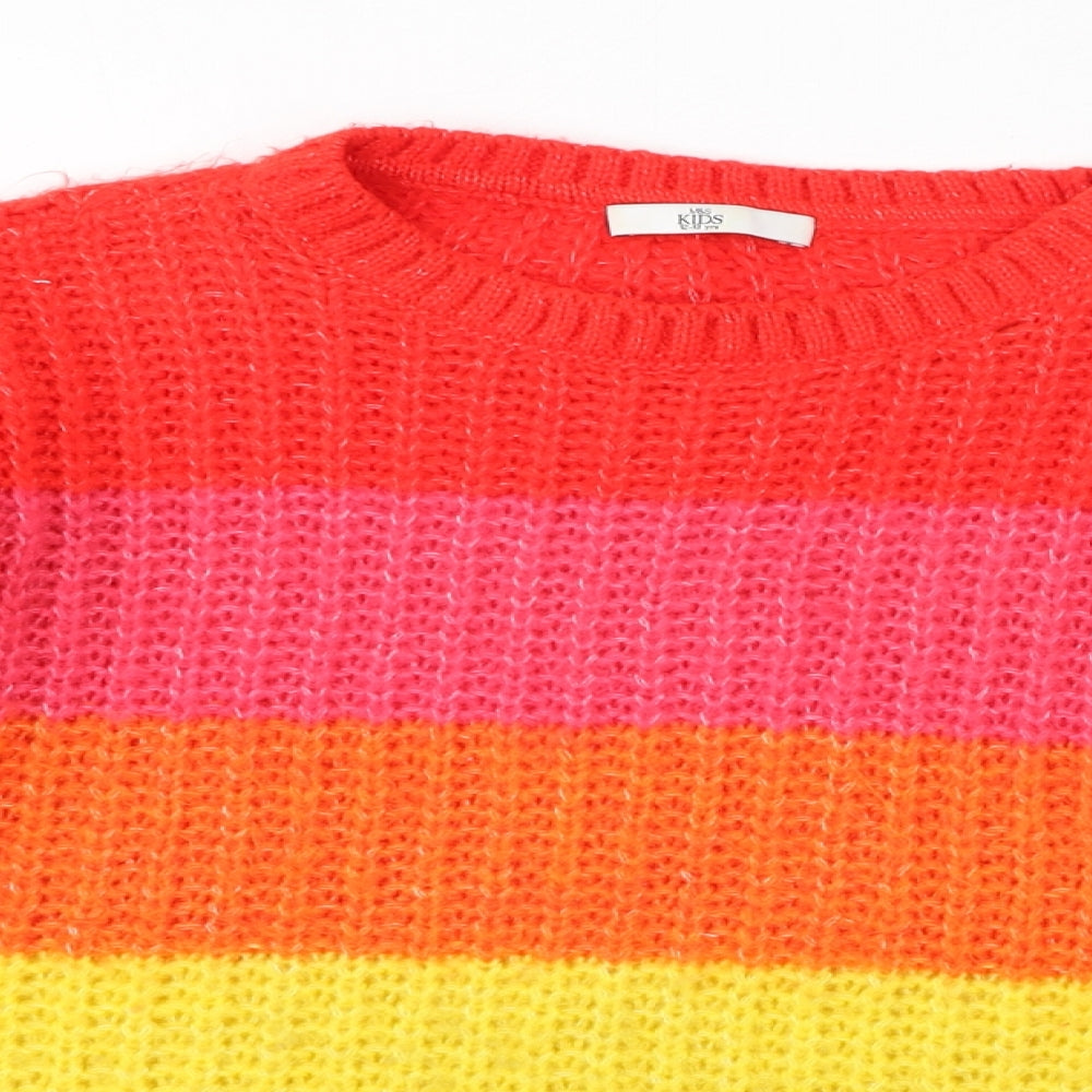 Marks and Spencer Girls Multicoloured Crew Neck Striped Acrylic Pullover Jumper Size 12-13 Years Pullover - Rainbow