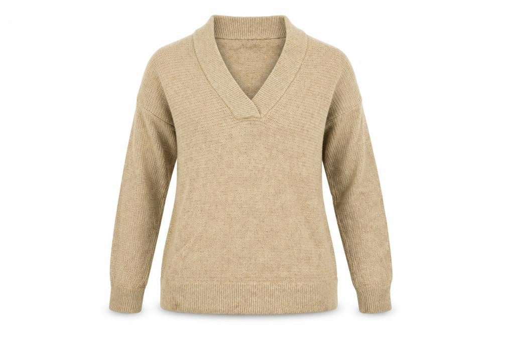 Front view of John Lewis women’s brown v-neck nylon jumper, size UK 10