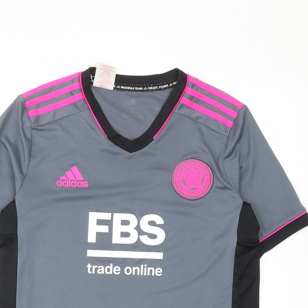 adidas Boys Grey Polyester Basic T-Shirt Size 13-14 Years V-Neck Pullover - Leichester City FC, Embrided, Logo