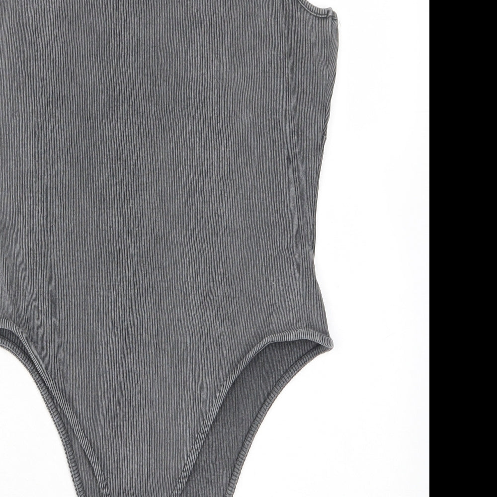 Boohoo Womens Grey Cotton Bodysuit One-Piece Size 16 Drawstring - Ribbed