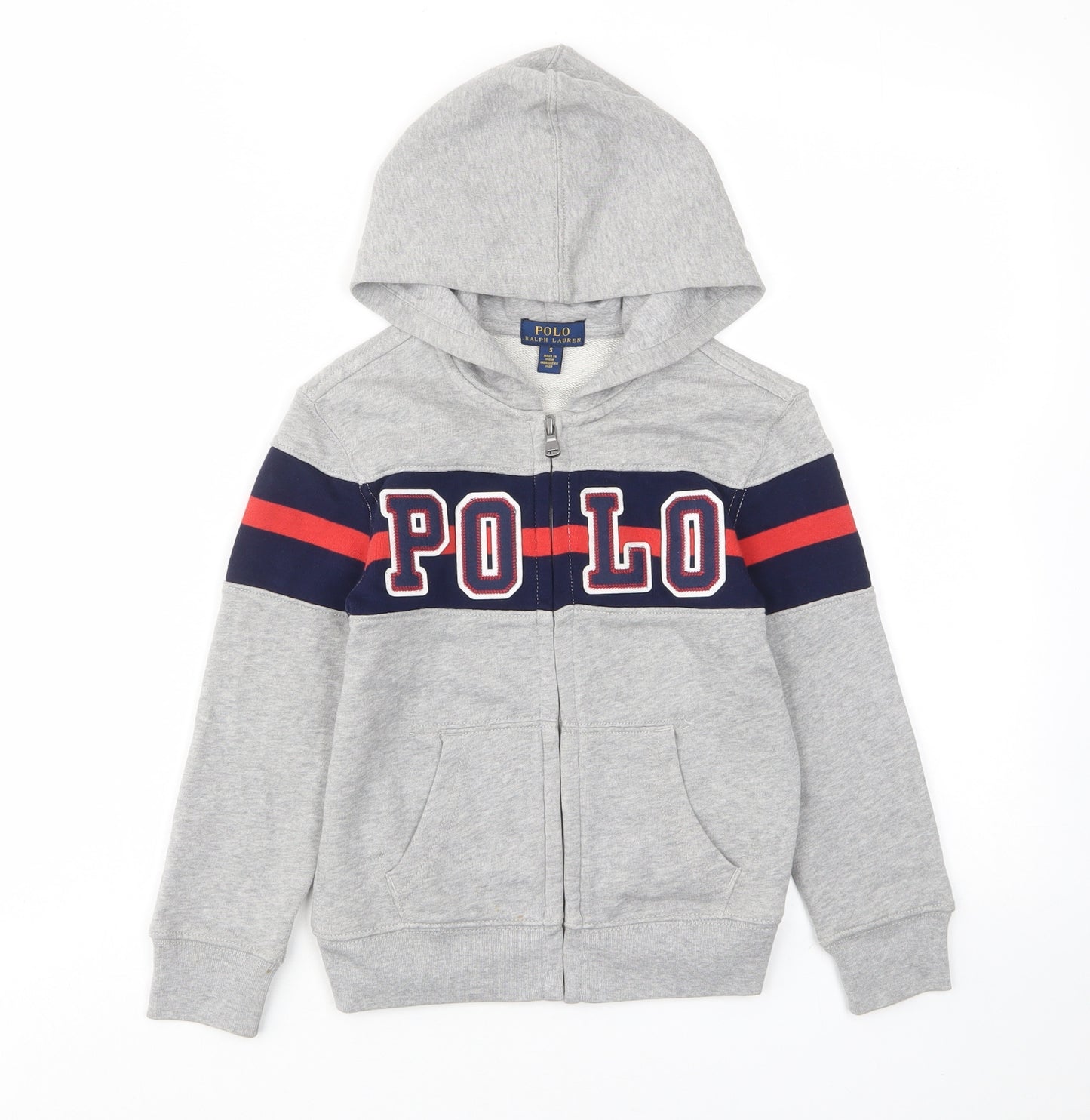 Polo Ralph Lauren Boys Grey Striped Cotton Full Zip Hoodie Size 5 Years Zip - Logo, Embroided, Pockets