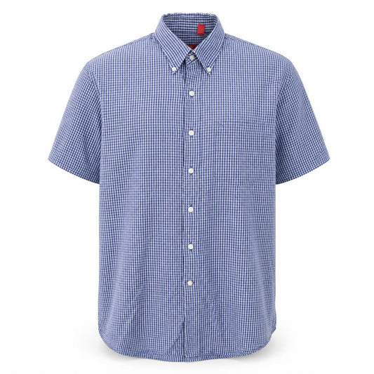 Front view of IZOD men’s blue plaid cotton button-up, size L, collared button - pocket