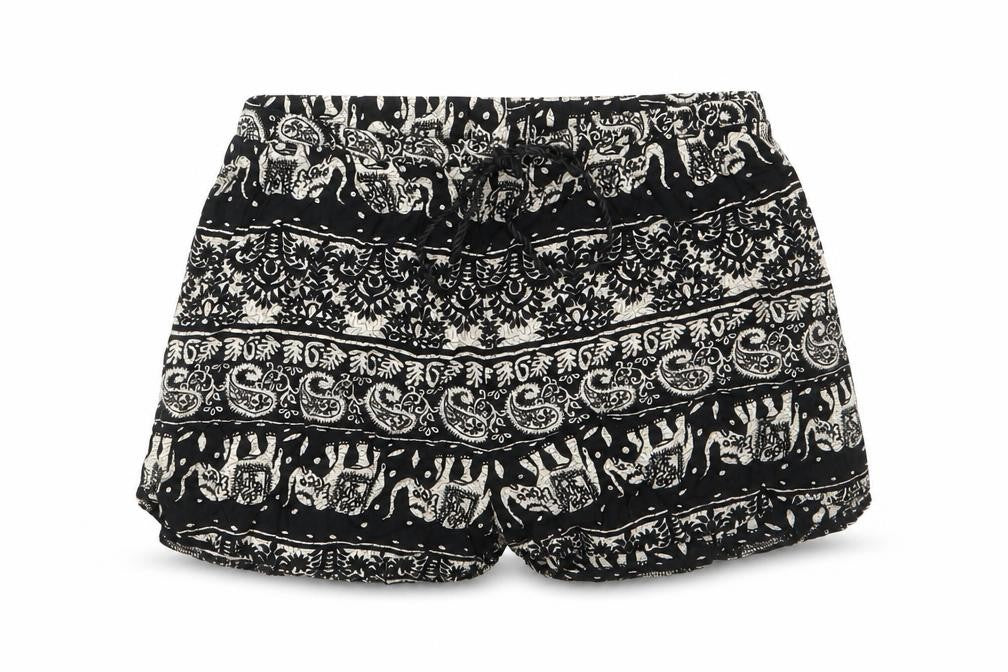 Front view of Missguided women’s black geometric viscose basic shorts, size UK 6, regular drawstring - elastic waist
