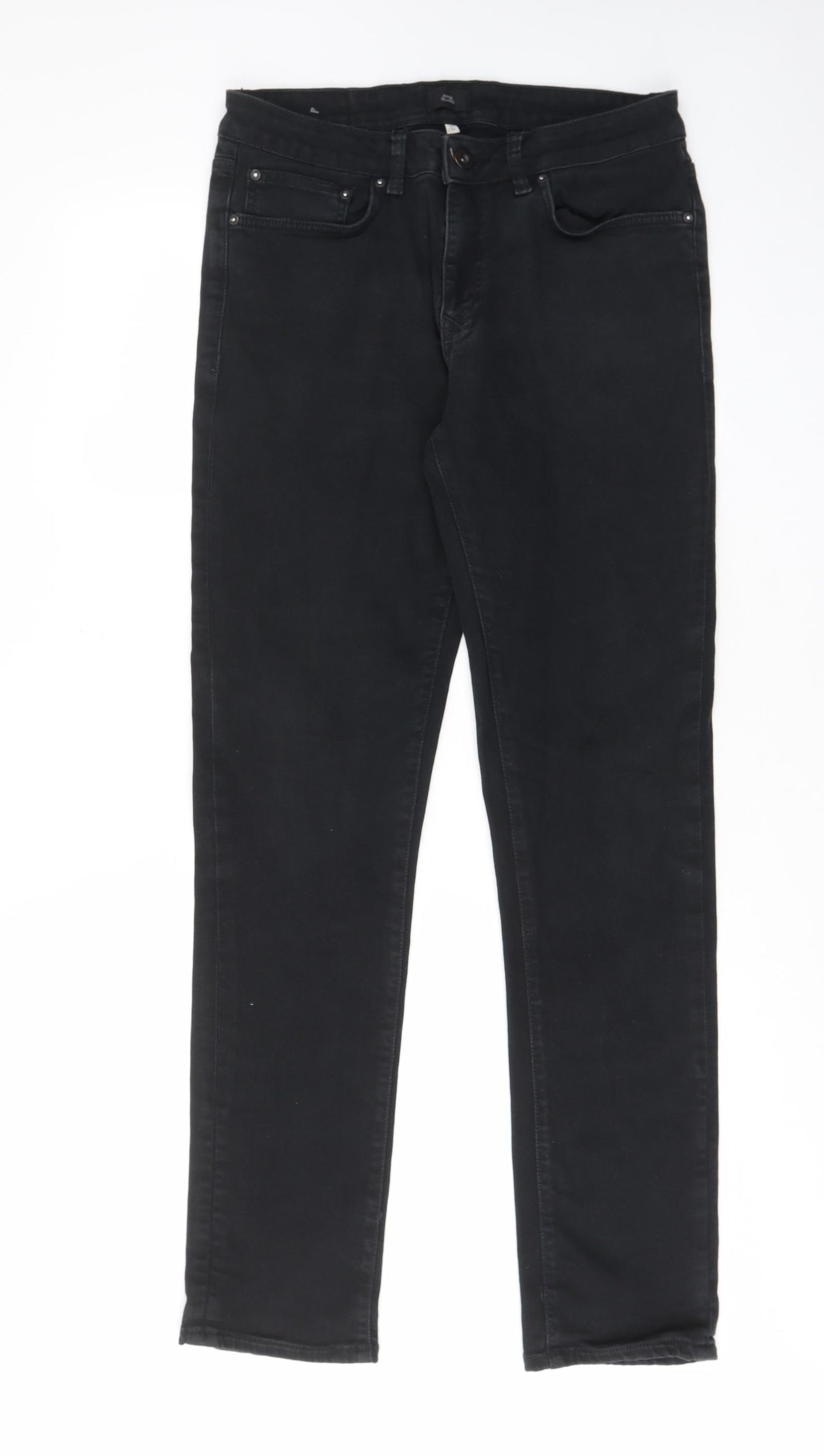 River Island Mens Black Cotton Straight Jeans Size 34 in L34 in Regular Zip - Pockets