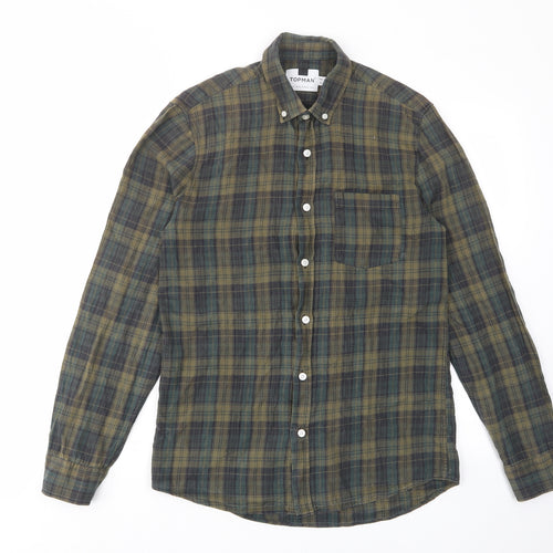 Topman Mens Green Plaid Cotton Button-Up Size S Collared Button - Pocket