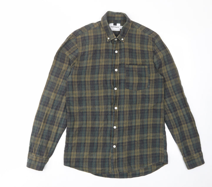 Topman Mens Green Plaid Cotton Button-Up Size S Collared Button - Pocket