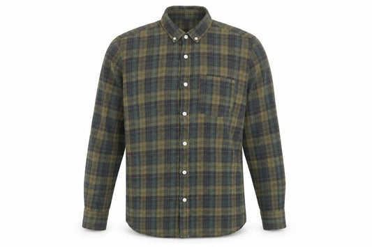 Front view of Topman men’s green plaid cotton button-up, size S, collared button - pocket