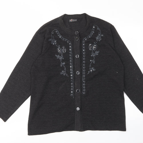 AClassic Womens Grey Crew Neck Acrylic Cardigan Jumper Size L - Embroided, Sequins