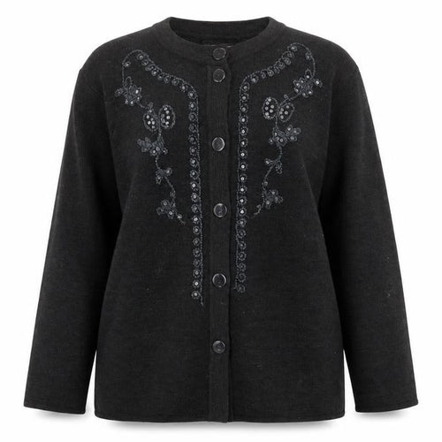 AClassic Womens Grey Crew Neck Acrylic Cardigan Jumper Size L - Embroided, Sequins