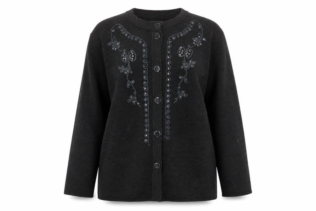 AClassic Womens Grey Crew Neck Acrylic Cardigan Jumper Size L - Embroided, Sequins
