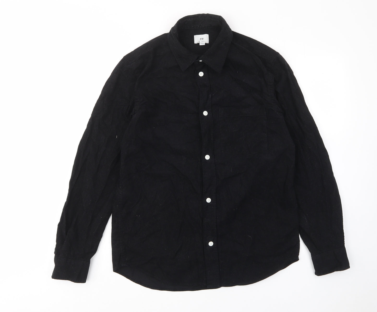 H&M Mens Black Cotton Button-Up Size S Collared Button - Pocket