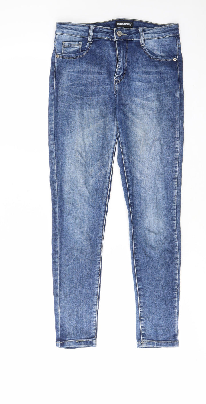 MOMOKROM Womens Blue Cotton Skinny Jeans Size 8 L27 in Regular Zip - Pockets, Belt Loops