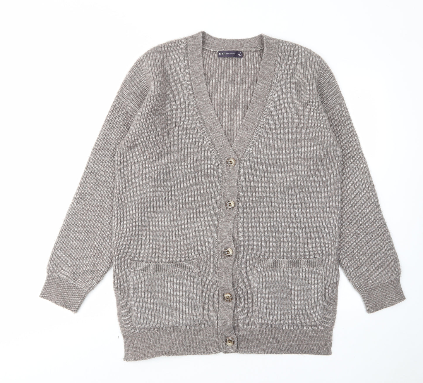 Marks and Spencer Womens Brown V-Neck Acrylic Cardigan Jumper Size M - Buttons, Pockets