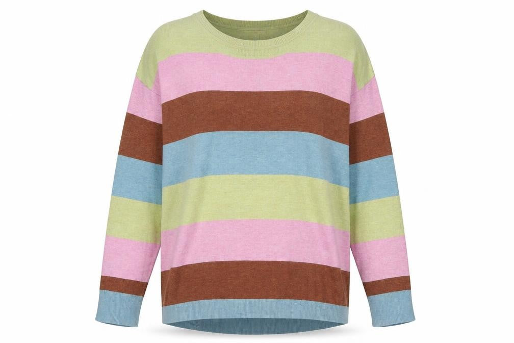 Front view of b.young women’s multicoloured crew neck striped viscose jumper, size L