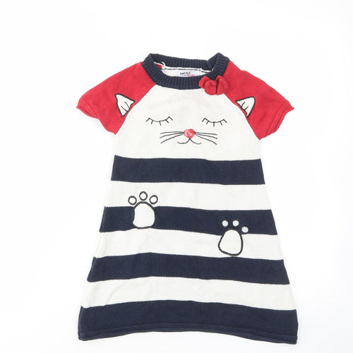 Bapster Girls Multicoloured Striped Cotton A-Line Size 3 Years Crew Neck Pullover - Cat, Embroided