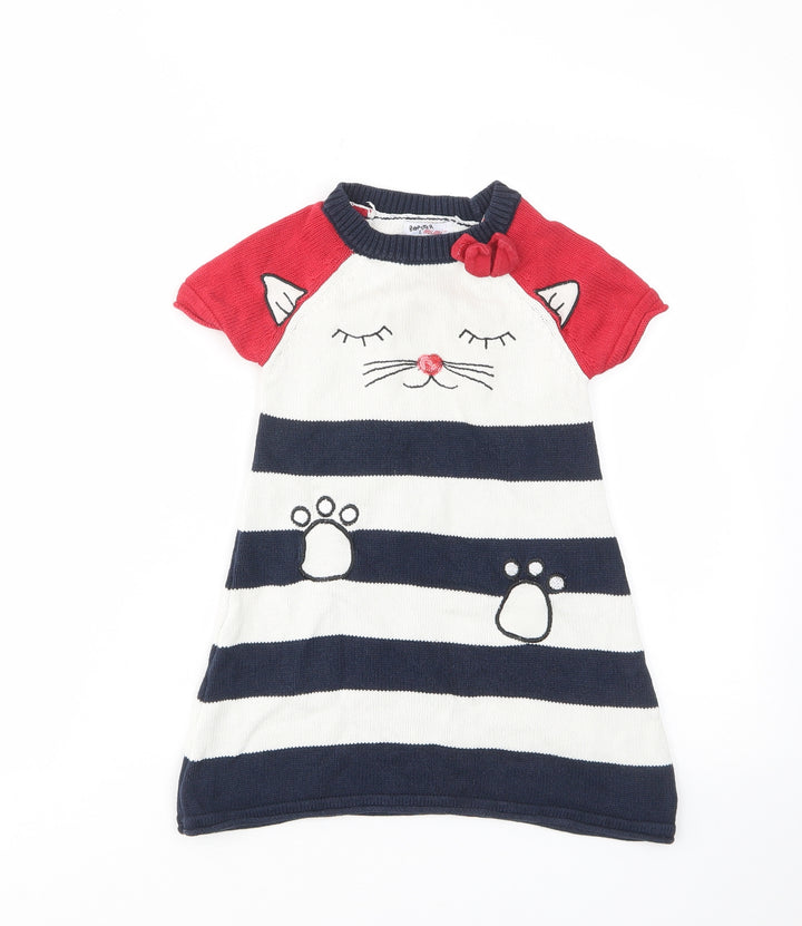 Bapster Girls Multicoloured Striped Cotton A-Line Size 3 Years Crew Neck Pullover - Cat, Embroided