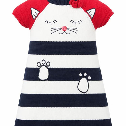 Bapster Girls Multicoloured Striped Cotton A-Line Size 3 Years Crew Neck Pullover - Cat, Embroided