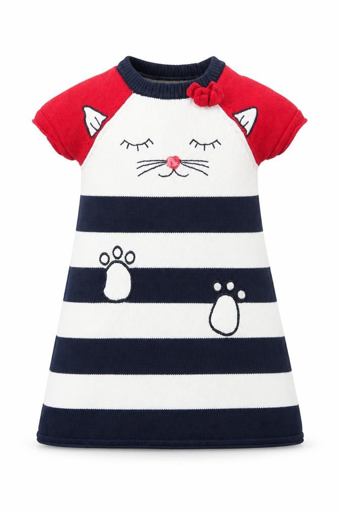 Bapster Girls Multicoloured Striped Cotton A-Line Size 3 Years Crew Neck Pullover - Cat, Embroided