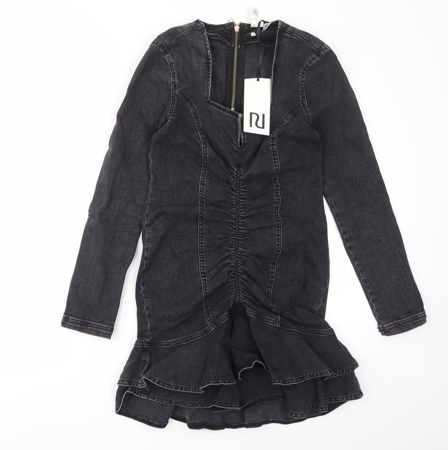 River Island Womens Grey Cotton A-Line Size 10 Collared Button - Frill, Ruched