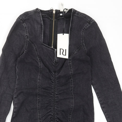 River Island Womens Grey Cotton A-Line Size 10 Collared Button - Frill, Ruched
