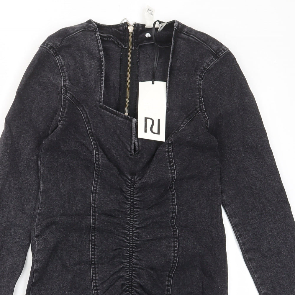 River Island Womens Grey Cotton A-Line Size 10 Collared Button - Frill, Ruched