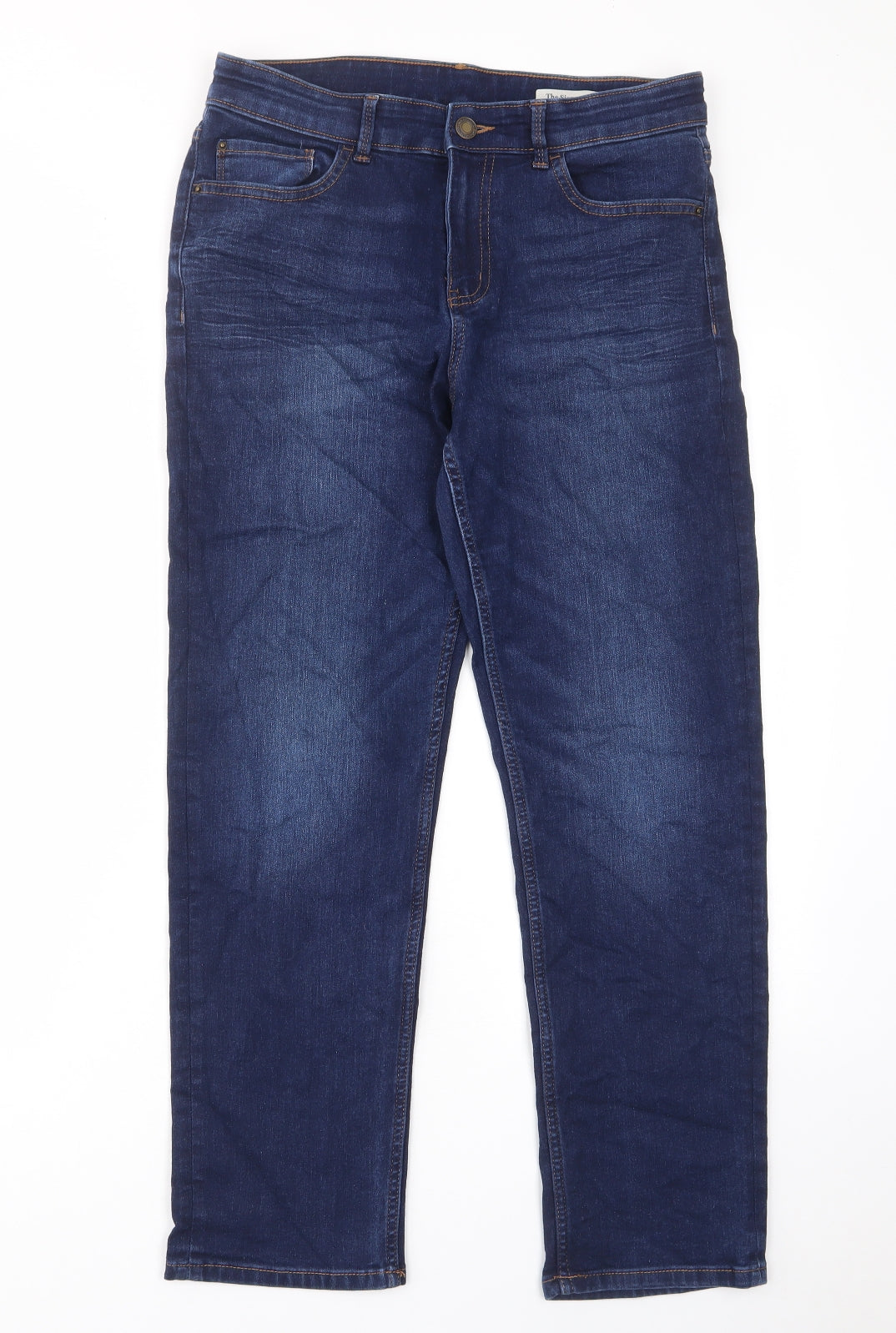 Marks and Spencer Womens Blue Cotton Straight Jeans Size 14 L28 in Regular Zip - Pockets, Belt Loops