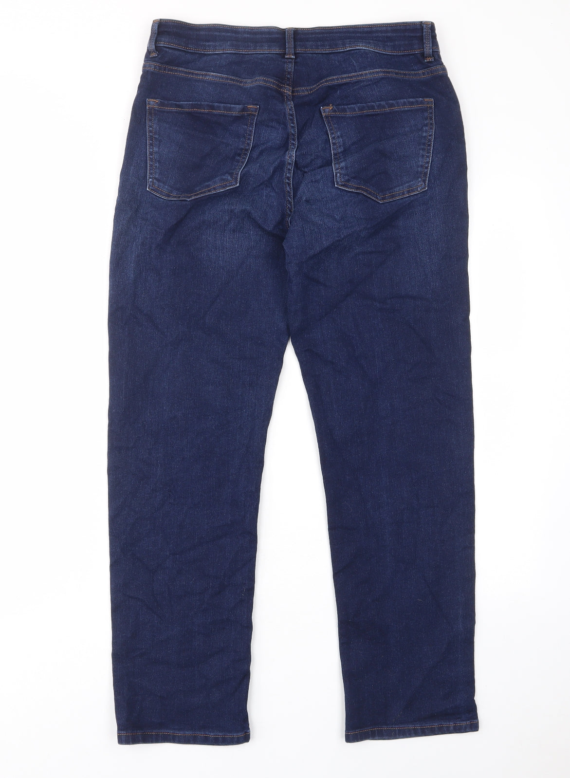 Marks and Spencer Womens Blue Cotton Straight Jeans Size 14 L28 in Regular Zip - Pockets, Belt Loops